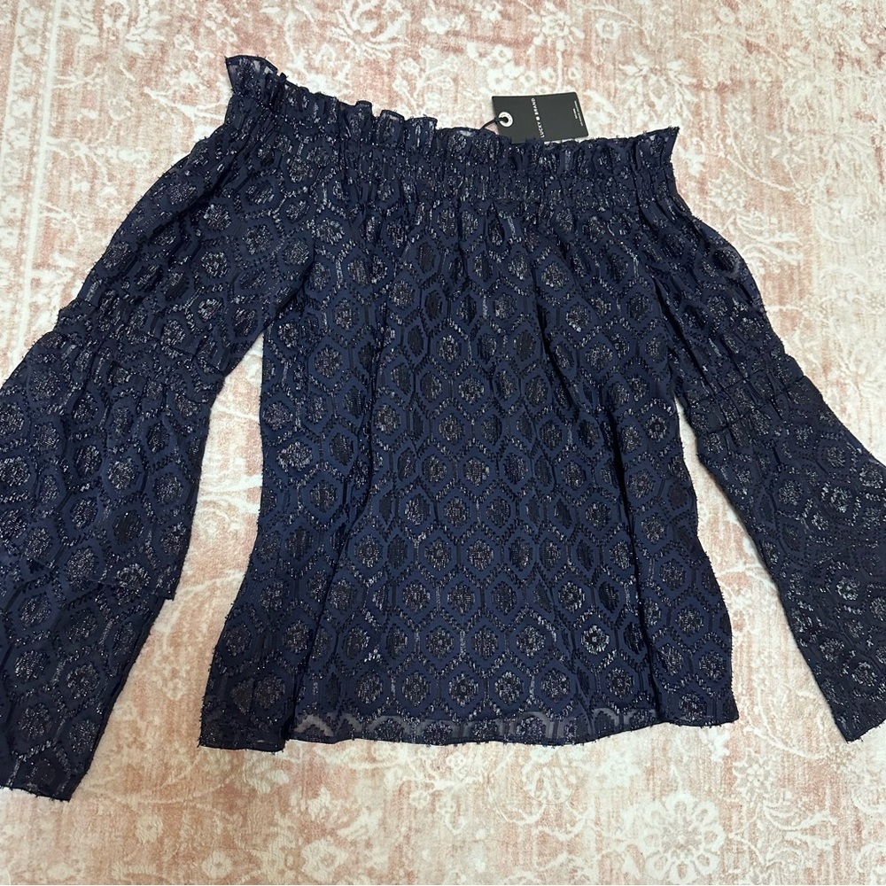 NWT Lucky Brand Off-Shoulder Metallic Patterned Balloon Sleeve Top - Picture 3 of 11